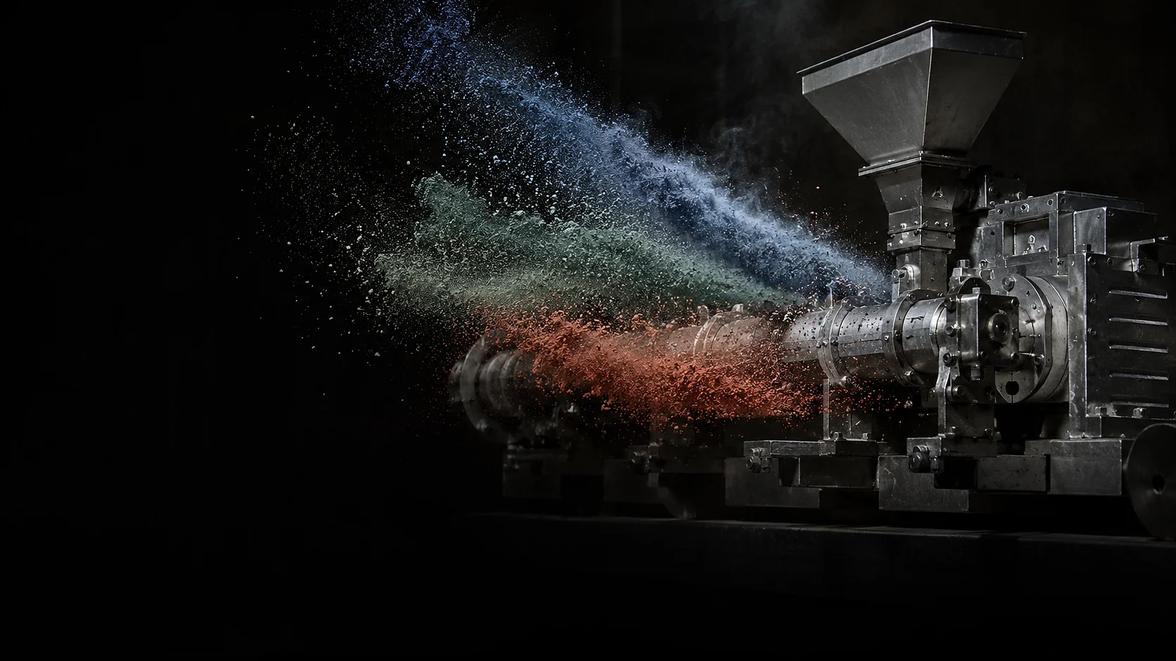 Mesin extruder twin-screw untuk compounding plastik di dalam hall produksi yang gelap, dengan semburan pigmen bubuk biru, hijau dan merah terhambur melintasi mesin.